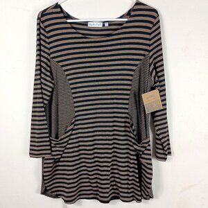 Habitat Striped Tunic Top Womens M Nutmeg Black Lagenlook Artsy Pockets NEW